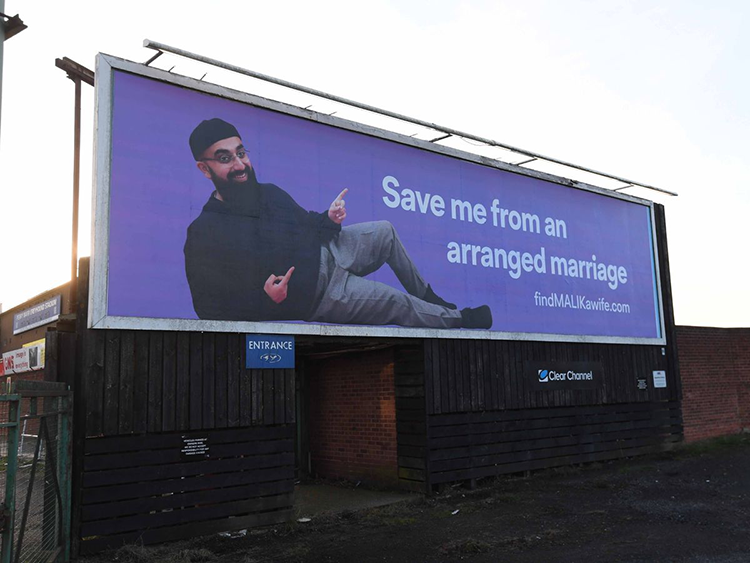 Billboards showing a bachelor looking for a romantic partner. 