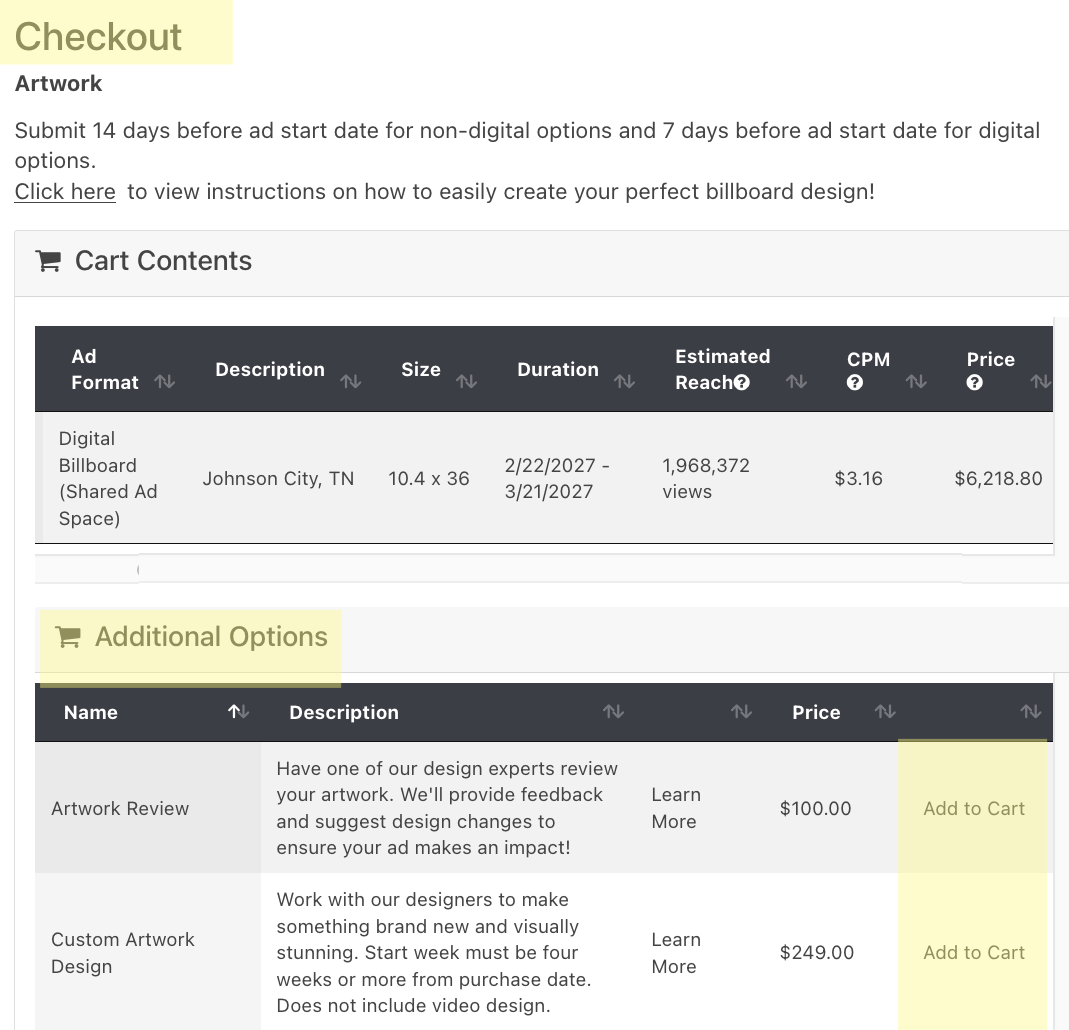 Adding design services at BillboardsIn checkout